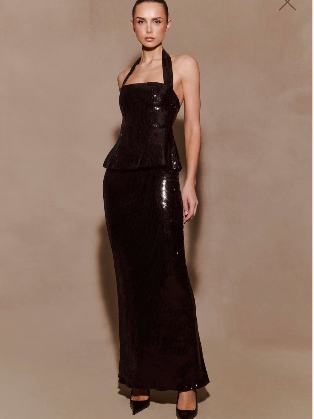 Meshki Bertie Black Sequin Halter Peplum Maxi Dress